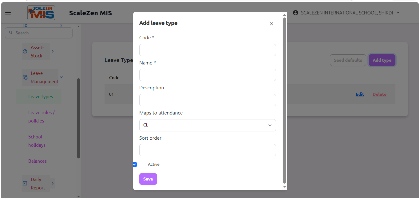 Leave Types Screen